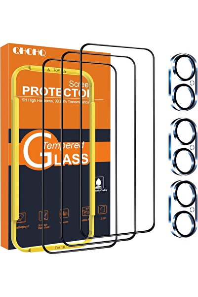 QHOHQ Set 3 Folii Sticlă iPhone 16 + 3 Protecții Cameră, 9H+, Anti-Șoc