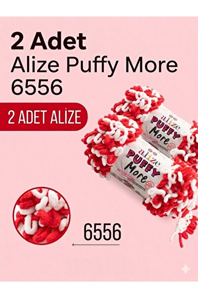 Alize 150 Gr Puffy More Hand Knitting Yarn 2 Pieces No 6556 Red White Fan Col...