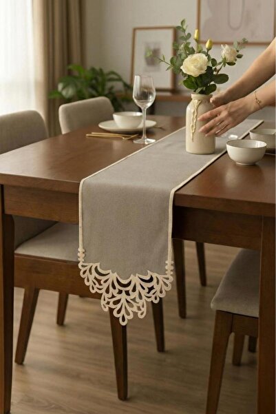 Çeyiz Diyarı Queen Linen Appliqued Runner 40X100 cm Gray