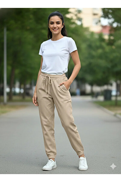 Serena Women's cream Denim pants with Stretchy and drawstring