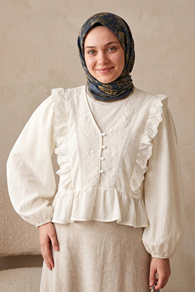 FERHEL Women's V-Neck Lace Embroidered Linen Shirt - White