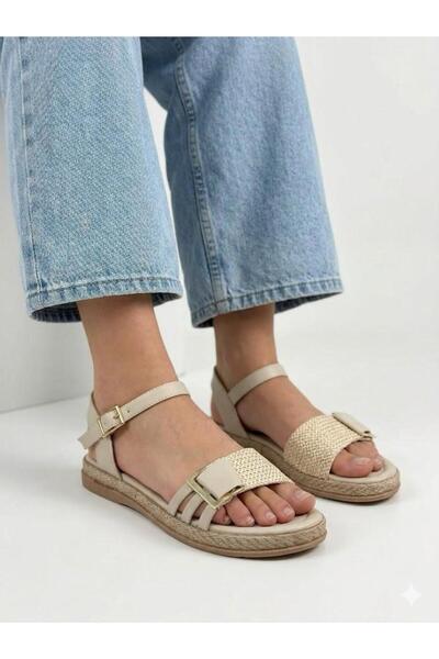 Lütfi Women's Beige Straw Detailed Comfortable Sole Daily Sandals