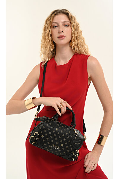 Pierre Cardin Black Women's Hand and Shoulder Bag with Monogram Pattern and B...