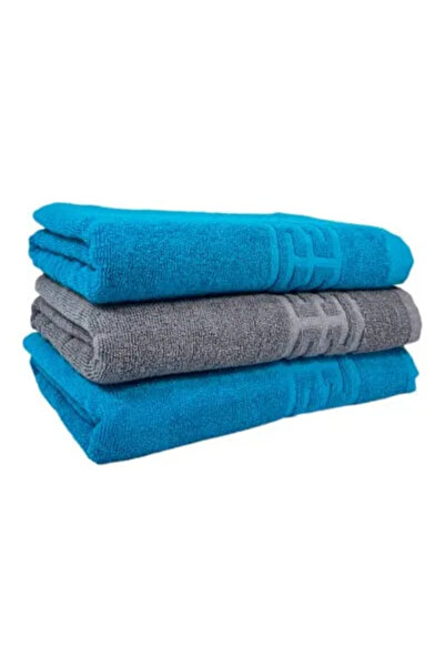 Plush Set of 3 Bath Towels, 100% Cotton, 550g/m², 50x90 cm Greek, Grey/Blue-CY2