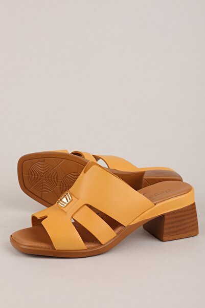 Gondol Women's Genuine Leather Short Heeled Daily Slippers Iz.12131 Mustard