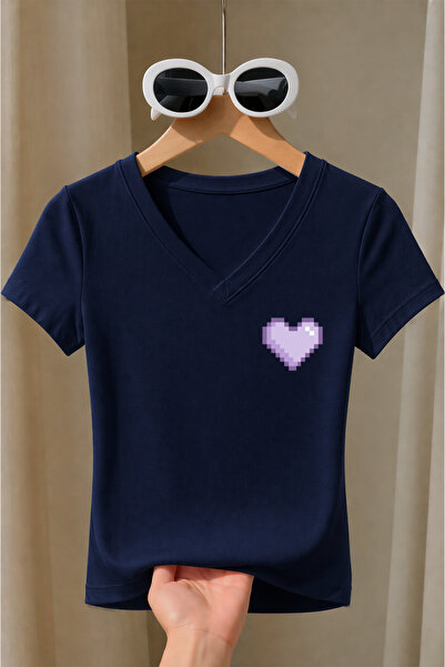 Velostra Women's Lilac Pixel Heart Printed Basic Daily Use V-Neck Slim Fit Ly...