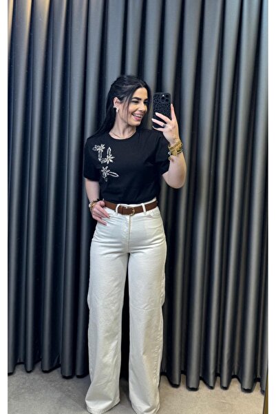 Nisam Wide Leg Belted Palazzo Jean Trousers