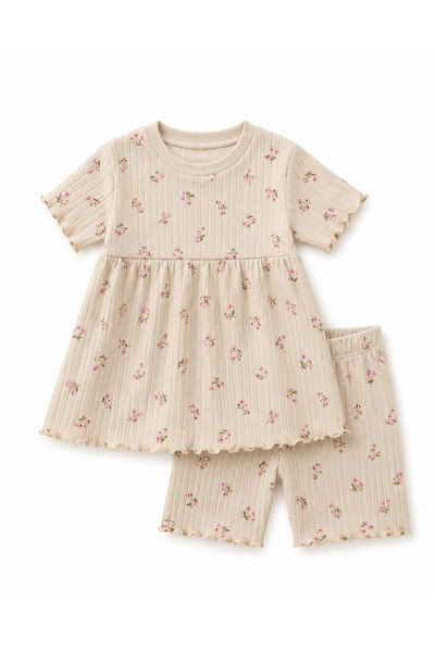 BALKABAĞI Mini Floral Pattern Mink Girls & Baby 100% Cotton Tunic Set (12 Mon...