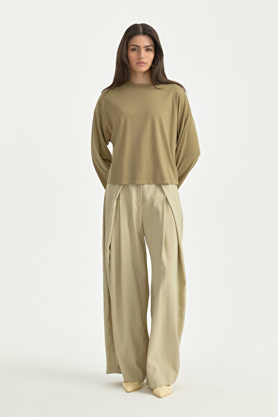 Nihan Örme Crop Rayon Karışımlı Bluz - Haki