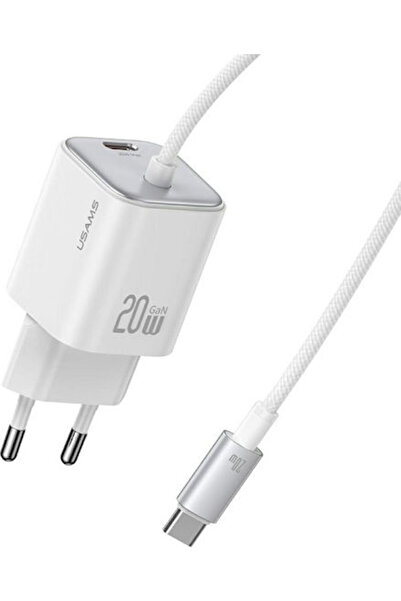 Usams Φορτιστής GaN με Θύρα USB-C και Καλώδιο USB-C 20W Power Delivery Λευκός...
