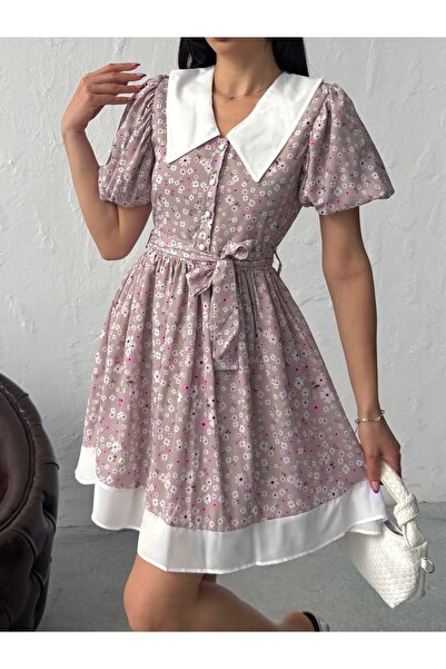LOKADI Women's Retro Floral Patterned Doll Collar Watermelon Sleeve Belted Dress