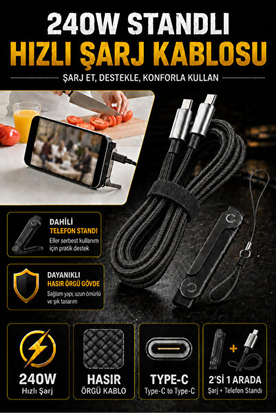 Albitmesin 240W Standlı Type-C to Type-C Hızlı Şarj Kablosu, Hasır Örgülü Tel...