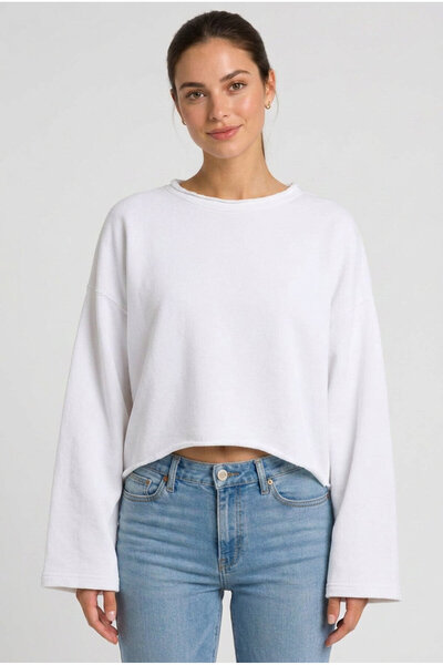Tisho Kadın Oversize Crop Sweatshirt %100 Pamuk - Tek Beden - Beyaz