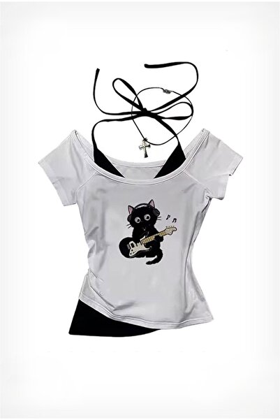 Köstebek White Guitar Cat Madonna Collar Y2K Short Sleeve Crop Blouse with Ad...