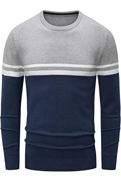 Other Men's Winter Pullover Crew Neck Striped Contrast Fine Knit Pullover Men...