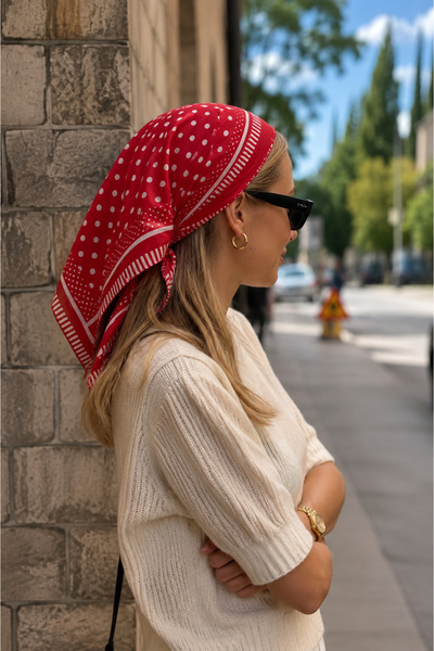 MOORİ Premium Kırmızı Puantiye Desenli Pamuklu Bandana Fular 55x55 cm Soft Touch