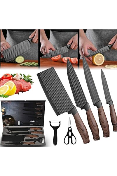 JFYU Set de cuțite de bucătărie din 6 piese, 4 cuțite, 1 foarfecă, 1 curățăto...