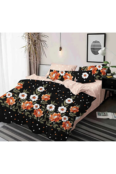 Sky Home Set de lenjerie de pat Finet 6 piese, Negru cu bujori colorați-KY38