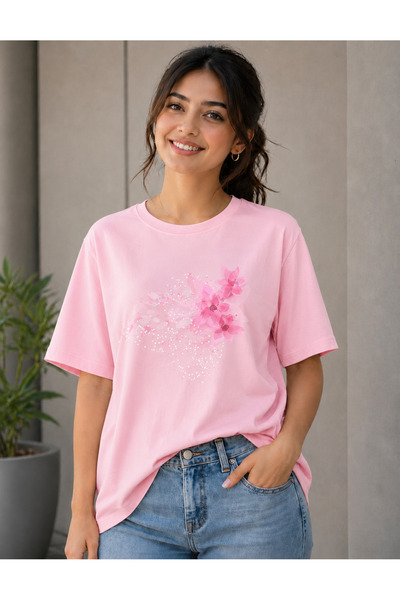 VODEXA Women's Oversize T-Shirt with Dotted Floral Print, 100% Cotton T-Shirt...