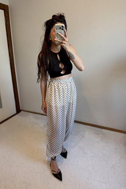 MoyStore Cream Black Polka Dot Stylish Shalwar Trousers with Elastic Waist