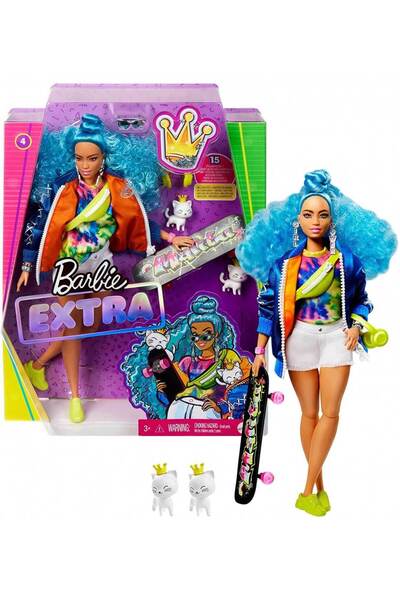 mattel Barbie Extra Doll 4 With Skateboard And 2 Kittens Blue Curly Hair GRN30