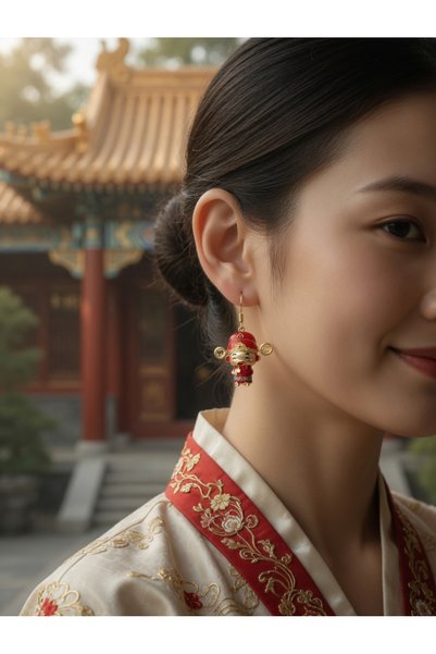 AlminaMia Red Enamel Traditional Chinese Figured Earrings Gold Small Medium S...