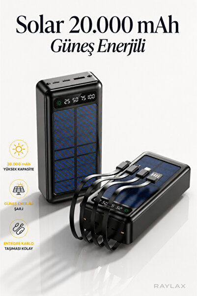 RAYLAX Solar 20.000 Mah Güneş Enerjili Led Işıklı Powerbank Şarj Aleti 2x Usb...