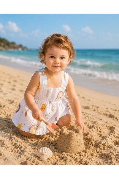 Nola Kids Baby Girl Rainbow Patterned Strap Dress Summer Muslin Dress