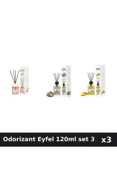 Eyfel Set 3 Odorizante Camera cu Betisoare 120ml - Acacia, Ananas, Nuca Cocos