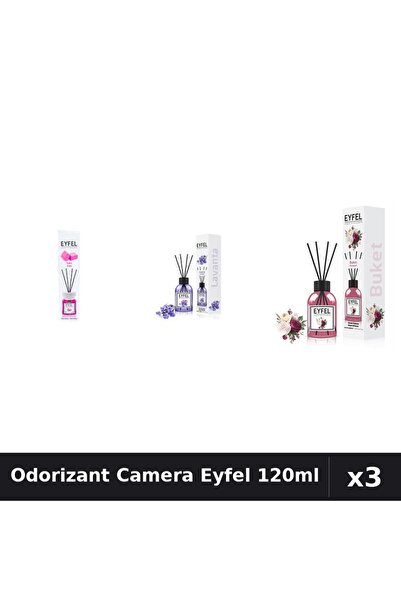 Eyfel Set 3 Odorizante Camera cu Betisoare - Bubble Gum, Lavanda, Bouquet 120ml