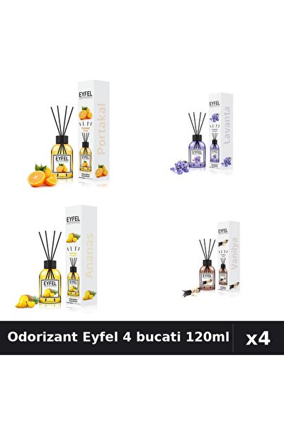 Eyfel Set 4 Odorizant Camera cu Betisoare - Portocala, Lavanda, Ananas, Vanil...