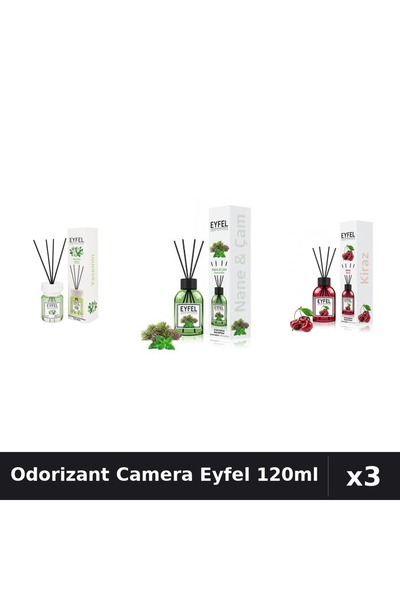 Eyfel Set 3 Odorizant Camera cu Betisoare 120ml - Iasomie, Pin Menta, Cirese