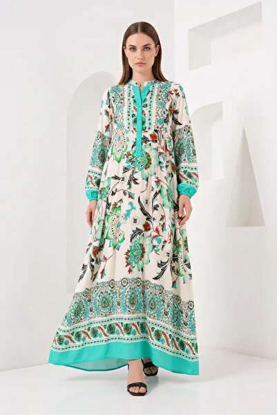 buğrahayalin Women's High Collar Gathered Waist Floral Patterned Viscose Gree...