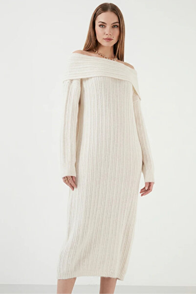 buğrahayalin Women's Madonna Collar Oversize Knitwear Ecru Dress