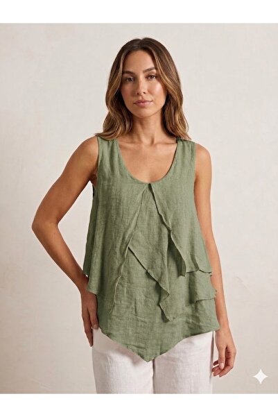 AYASOFYA OTANTIK Women's Italian Layered Sleeveless 100% Linen Blouse