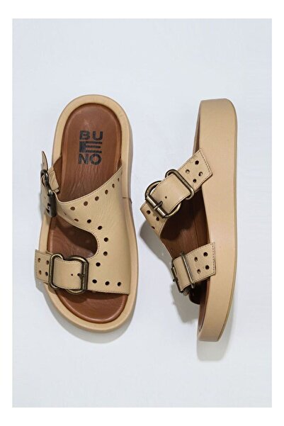 BUENO Shoes Bej Deri Kadın Dolgu Topuklu Terlik 01wu4603