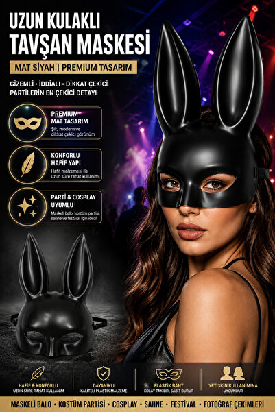Tamsena Store Mat Siyah Uzun Kulaklı Tavşan Maskesi Yetişkin Parti Cosplay Fe...
