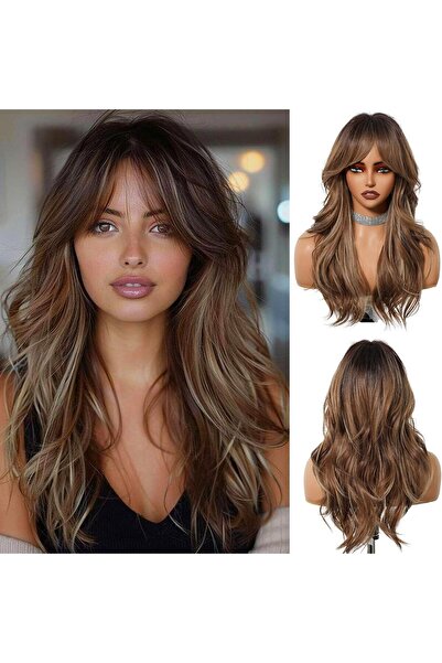 OUFEI Long Ombre mixed Brown Wig With Bangs Wavy Wigs for Women Synthetic Hai...
