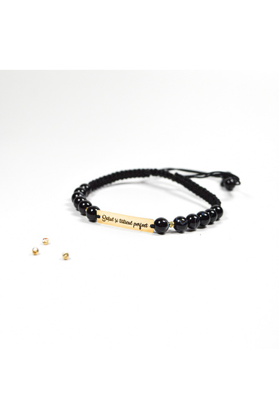 BLACK SWAN Bijoux Bratara reglabila cu placuta din aur 14k si bilute din aur ...