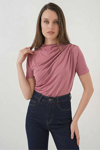 Efnaz style Women's Round Neck Short Sleeve Dusty Rose Blouse