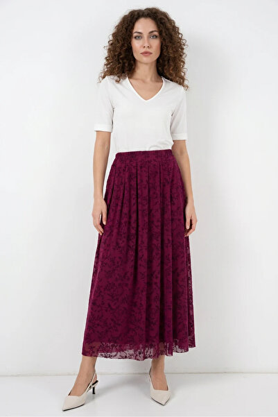 buğrahayalin Women's Waist-Slit Floral Patterned Cotton Plum Skirt