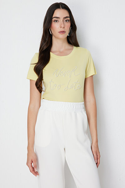 On Fashion Ten Pearl Written Crew Neck Blouse-71460