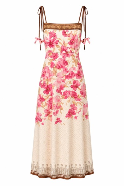 ROYAL'S AURA Pembe Floral Desenli Askılı Keten Maxi Elbise