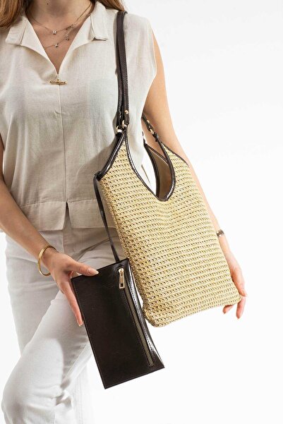 KIRASE Natural Wicker Textured Double Bag Set Daily Use Large Size Shoulder a...