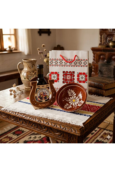LimArt Set cadou tradițional romanian, Farfurie ceramică, Vin cu cutie de lem...