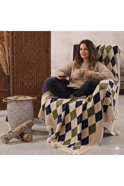 DOUX HOME BAKLAVA 10 Ponponlu Triko Örgülü Tv Battaniyesi 130 X 170 Cm