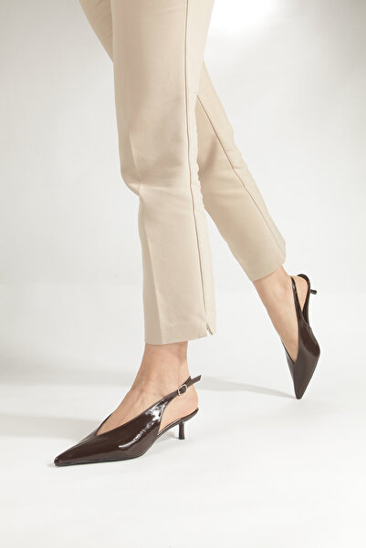 PİMORA Coffee-Colored Wrinkled Patent Leather, Pointed Toe, Open Back, Low-Cu...