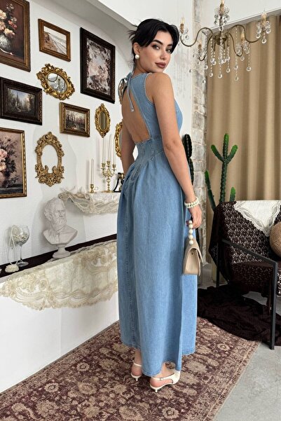 Caddebostan Moda Back Low-Cut Detailed Strappy Denim Dress, Tie Back Detailed...