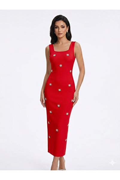 KSA "Rubee" Luxurious Dress - Glamorous Red with Crystal Embellishments