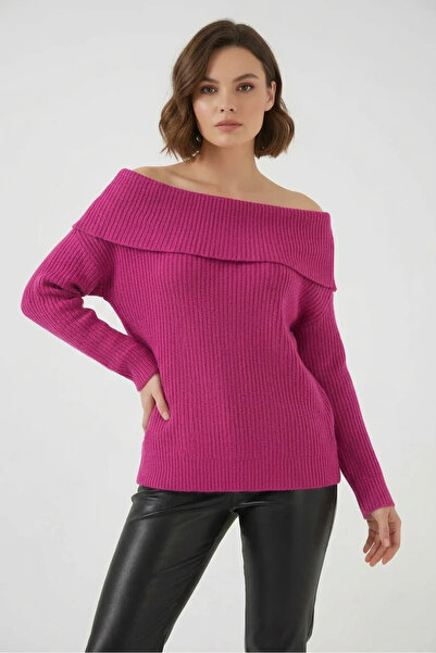 buğrahayalin Women's Boat Neck Open Shoulder Oversize Knitwear Dark Pink Sweater